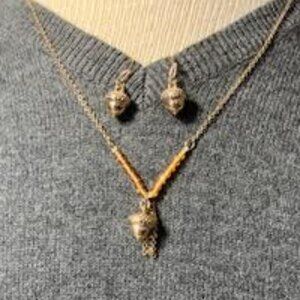 Vintage Acorn matching necklace and dangle earrings, stamped SAQ